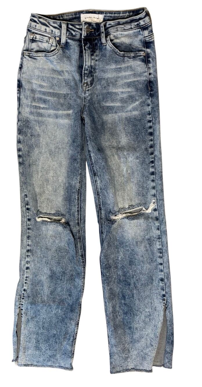 Risen Jeans High Rise Acid Wash Distressed Straight Leg Side Slit Hem Size 1/25